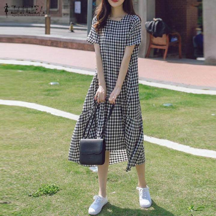 ZANZEA Korean Style Womens Summer Casual Loose Short Sleeve Patchwork Check Plaid Midi Dress
