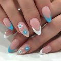 24pcs Almond French Red Love Heart False Nails Blue White Flowers Stiletto Nials Press On Nails Manicure Nail Tips. 