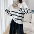 Fashion Slimming round Neck Sweater Women's Black and White Striped Loose Korean Style Outer Wear Autumn and Winter All-Matching Base Sweater. 