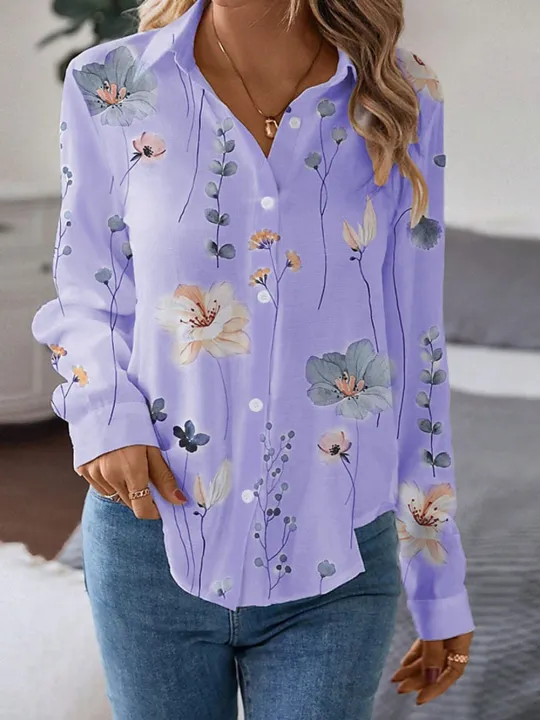 Women's%20Shirt%20Blouse%20Floral%20White%20Yellow%20Pink%20Print%20Button%20Long%20Sleeve%20Casual%20Holiday%20Fashion%20Shirt%20Collar%20Fit%20Spring%20Fall%20-%20Image%203