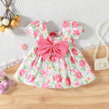 Summer New Baby Girl Dress Bubble Sleeves Square Neck Bow Summer Birthday Party Dress Sweet Princess Dress (0-3 Year Old Girl). 