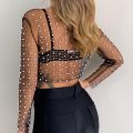 Womens Long Sleeve Sheer Mesh Tops Shiny Pearls Rhinestone O-Neck Pullover T-Shirts Blouse Slim Cover Up Party Clubwear. 