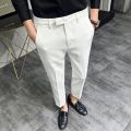 2022 Summer Fashion Mens Dark Green Suit Pants Pure Color Business Occupation Slim Fit Dress Office Ankle Trousers. 