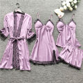 Women Pajamas Sets Satin Sleepwear Silk 4 Pieces Nightwear Pyjama Spaghetti Strap Lace Sleep Lounge Pijama With ChPads.