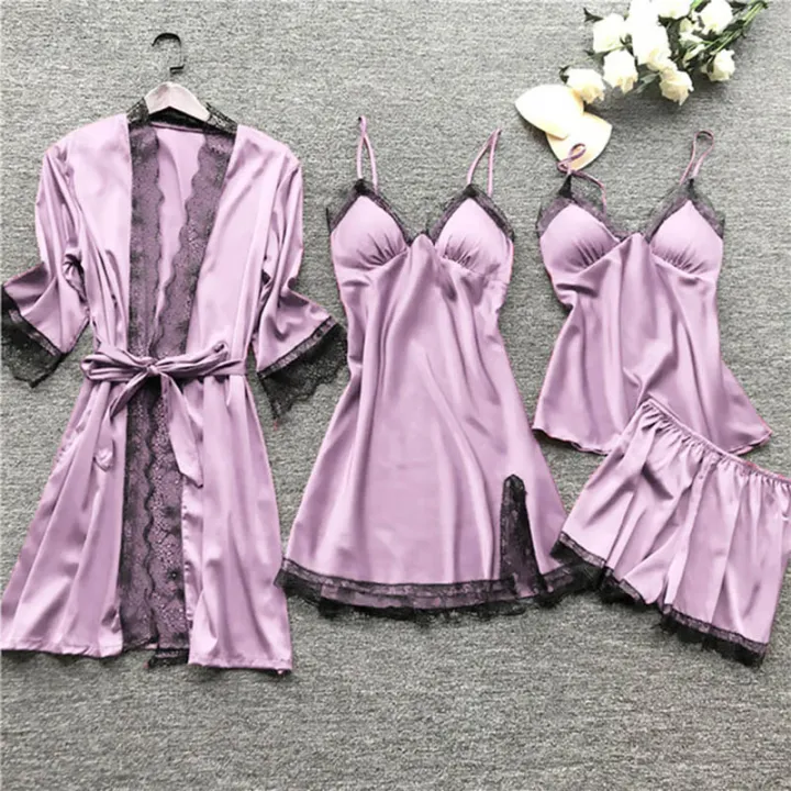 Women%20Pajamas%20Sets%20Satin%20Sleepwear%20Silk%204%20Pieces%20Nightwear%20Pyjama%20Spaghetti%20Strap%20Lace%20Sleep%20Lounge%20Pijama%20With%20ChPads%20-%20Image%206