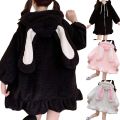 Hoodies Women Large Size Solid Zip-up Long Lantern Sleeve Hooded Rabbit Ears Lolita Cute Sweet Girls Harajuku Style Warm Baggy.