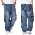 Baggy Jeans Mens Straight Denim Cargo Pants Biker Jeans Men Baggy Loose Blue Jeans With Side Pockets Jeans Men. 
