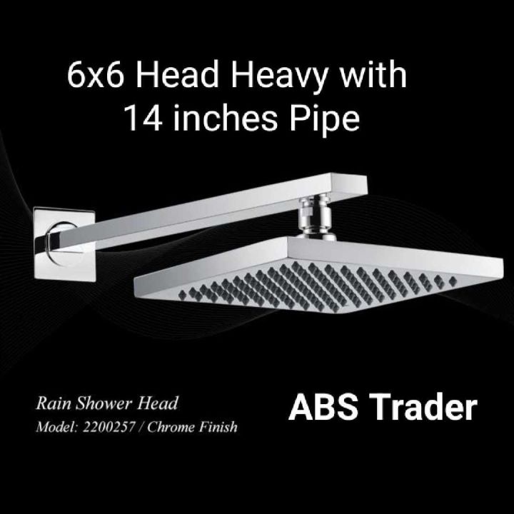6x6 inches Stainless Steel Shower Head Heavy with 14 inches Square pipe / Bathroom Rain Shower ...