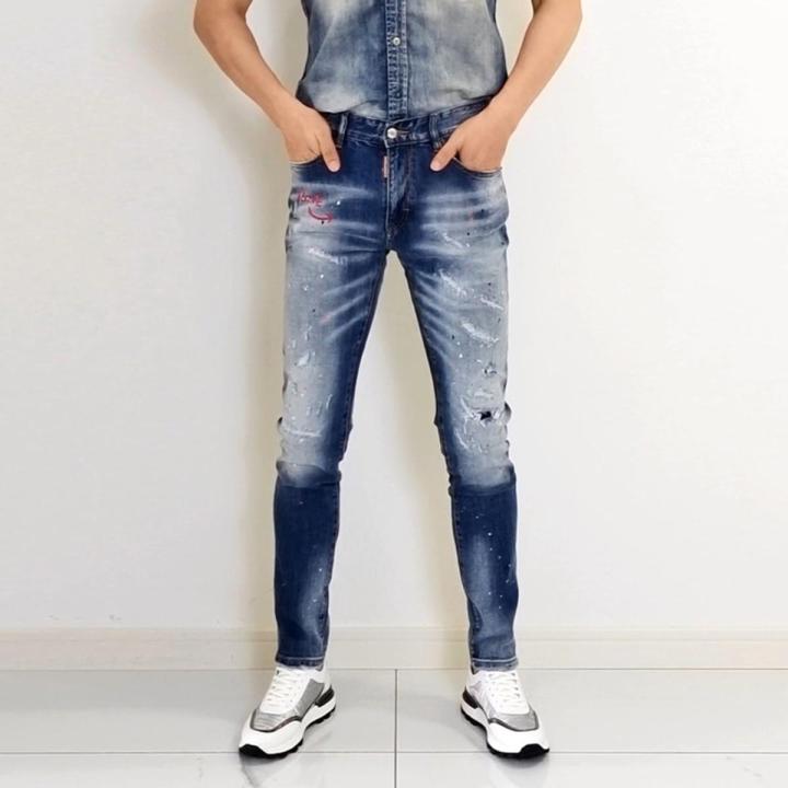 Fashion Streetwear Men Jeans Retro Light Blue Elastic Slim Fit