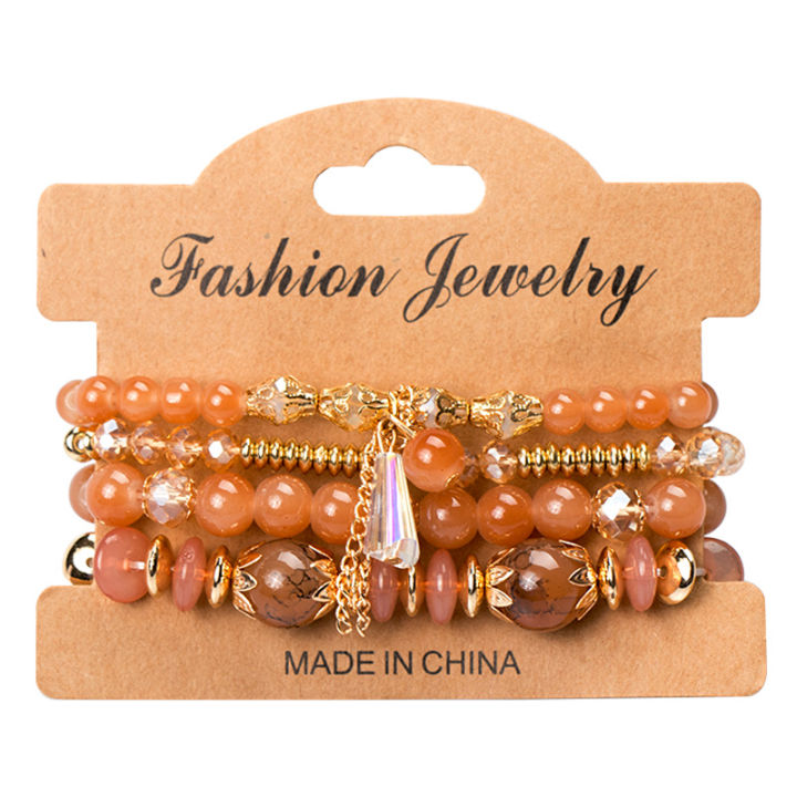 Fashion Hippie Jewelry Multilayered Colorful Beads Stretch Bracelet 4 Sets Bohemian Stackable Crystal Beaded Bracelets for Women