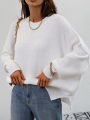 Funne eshopWomen Autumn Loose Knitwear, Solid Color Long Sleeve Round Neck Slit Hem Elegant Sweater. 