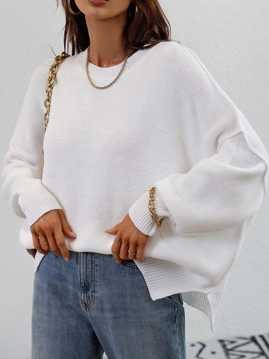 Funne%20eshopWomen%20Autumn%20Loose%20Knitwear,%20Solid%20Color%20Long%20Sleeve%20Round%20Neck%20Slit%20Hem%20Elegant%20Sweater%20-%20Image%206