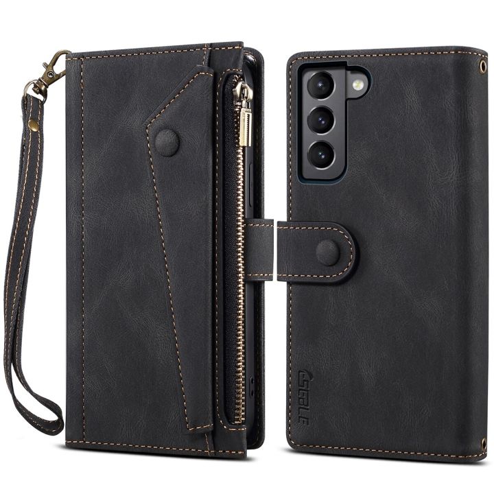 xprmy for Samsung Galaxy S22 Plus 5G Vintage Leather Cover Flip Wallet Case Card Slots Zipper Pocket Handbag with Hand Strap