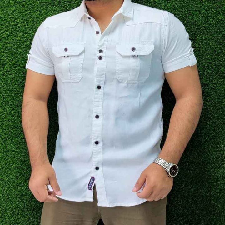 Shirt%20For%20Men%20Summer%20Cotton%20Fabric%20Half%20Sleeve%20Casual%20Style%20Solid%20Colors%20-%20Image%204
