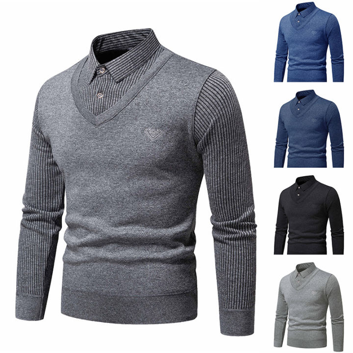 Autumn and Winter New Men's Two Piece Sweater with Fleece and Slim Fit Polo Collar Knitted Bottom Shirt Thickened and Warm