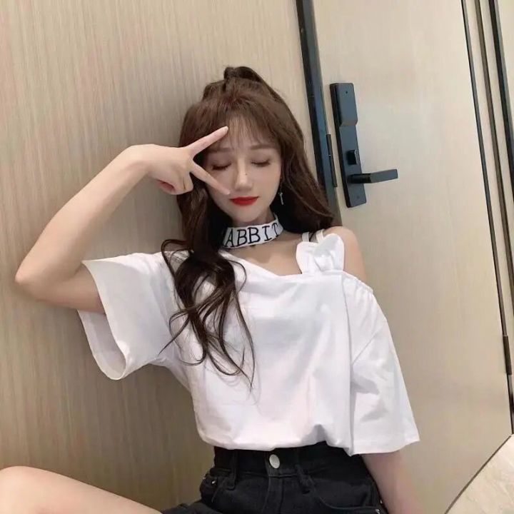 35%20Summer%20New%20Korean%20Style%20Sense%20of%20Design%20Tie%20Neck%20off%20Shoulder%20Short%20Sleeve%20T%20Women's%20T-shirt%20ins%20Super%20Hot%20All-Matching%20Loose%20Preppy%20Style%20Top%20-%20Image%203