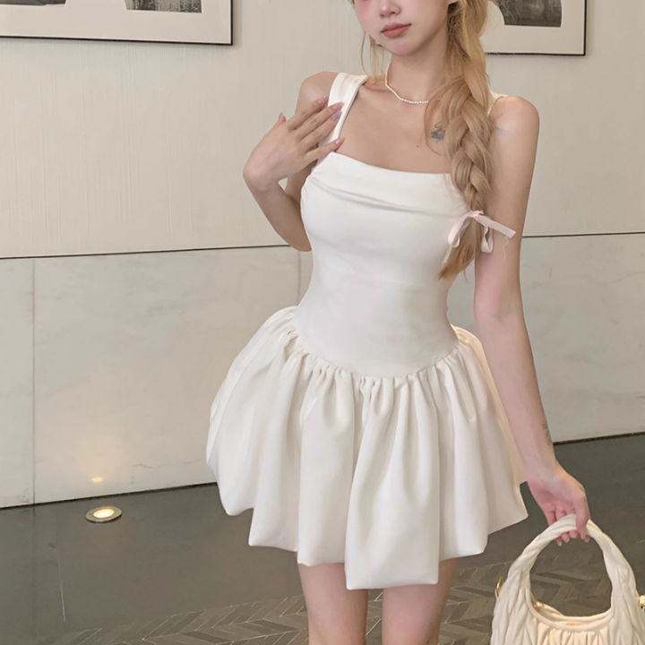 Women Cutecore Party Suspender Bubble Dress Lady Solid Ruched Prom Mini Dresses Female Classic Birthday Cinderella Waist Dress Shapewear