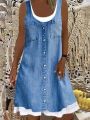 European and American Women's Clothing Loose Fashion Digital Printing Fake Two-Piece Imitation Denim Dress Female. 