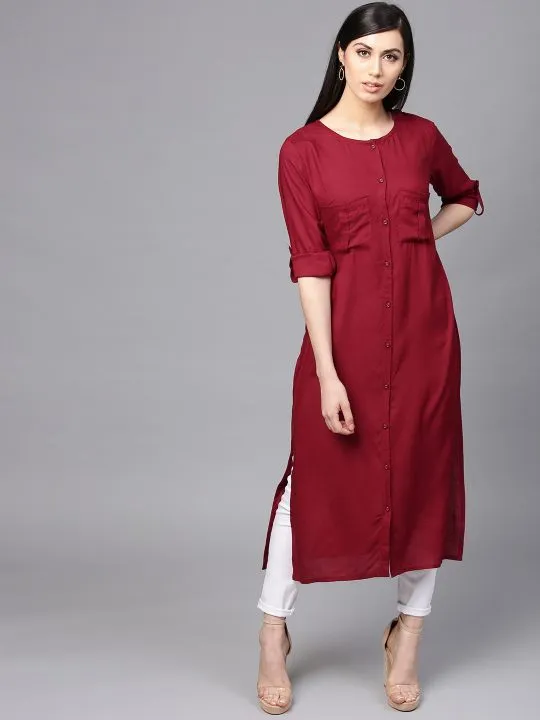 "Maroon%20Linen%20Stylish%20and%20Fashionable%20Casual%20Ready%20Made%20Kurti%20for%20Women%20(Tailor%20Made)%20-%20maroon_pocket"%20-%20Image%204