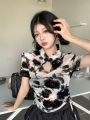 Chinese Style Buckle Shoulder Short Sleeve T T-shirt Women's Summer New Hot Girl Short Drawstring Lace Slimming Irregular Top. 