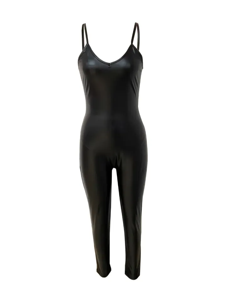 LW Faux Leather Cami Jumpsuit Fitness Jumpsuit Casual Sporty