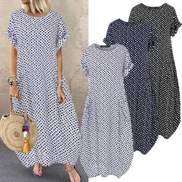 Fashion%20Summer%20Printed%20Dress%20Women's%20Sundress%20ZANZEA%202021%20Short%20Sleeve%20Tunic%20Maxi%20Vestidos%20Female%20Casual%20Polka%20Dot%20Robe%20Oversize%20-%20Image%203