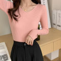 Autumn and Winter V Collar Knitted Long Sleeve Slim Fit Skinny Thermal Bottoming Shirt Top Trendy Pullover Slimming Sweater Women Wholesale. 