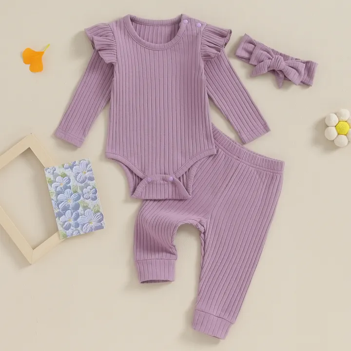 FOCUSNORM%200-18M%20Autumn%20Baby%20Girls%20Boys%20Clothes%20Sets%203pcs%20Solid%20Color%20Long%20Sleeve%20Ribbed%20Romper%20+%20Pants%20+%20Headband%20-%20Image%203