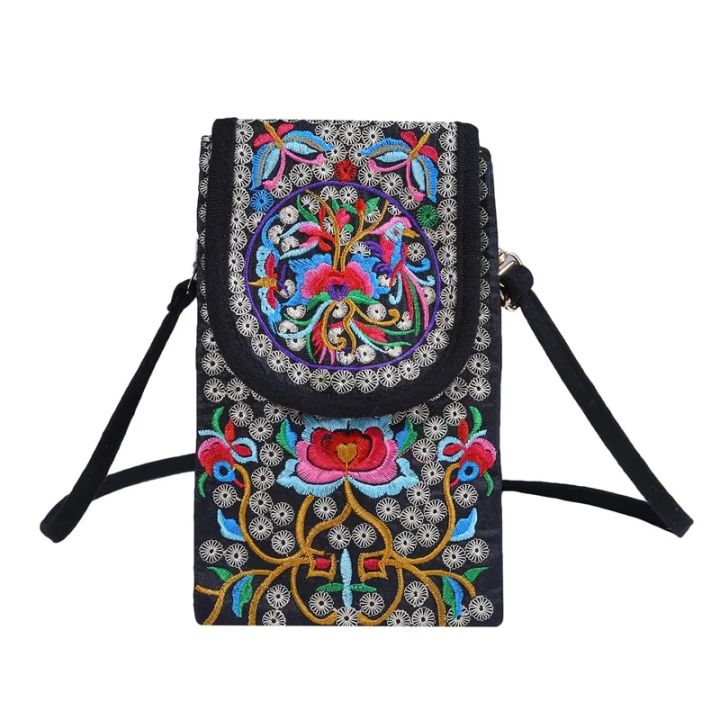 Lady Cell Phone Bag Crossbody Shoulder Wallet Purse Handbag Pouch Ethnic Style Embroidered Bag Flip Canvas Bag Retro New