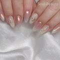 24pcs Almond Milk Yellow Chrome Powder Nails Fashion Wave Design False Nail Art Removable Waterproof Press on Nail Tips. 
