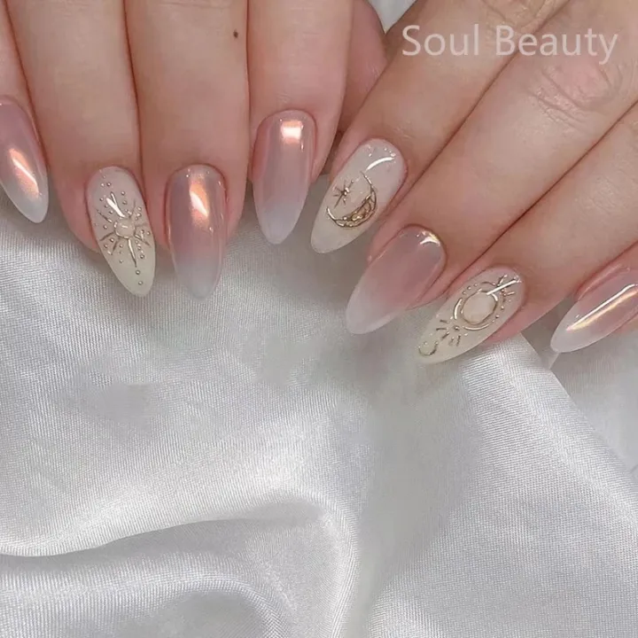 24pcs%20Almond%20Milk%20Yellow%20Chrome%20Powder%20Nails%20Fashion%20Wave%20Design%20False%20Nail%20Art%20Removable%20Waterproof%20Press%20on%20Nail%20Tips%20-%20Image%202