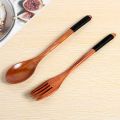 Wooden Spoons Forks Set Japanese Style Wooden Utensils Set for Eating Wood Flatware Set Reusable (Black Cords,10 Pieces).