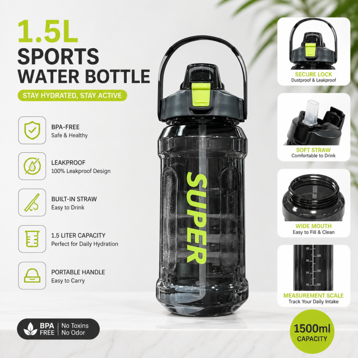 1.5 Liter Sports Water Bottle with Straw, 1500ml Leakproof BPA-Free Plastic Bottle,
