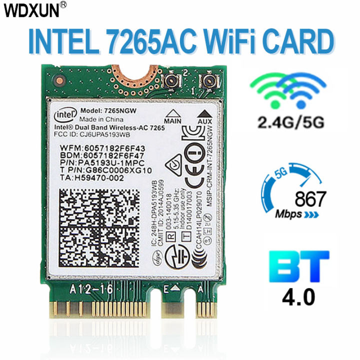 Laptop Wlan For Intel 7265NGW Dual band Wireless-AC 7265 867Mbps 802.11ac 2 x 2 WiFi + Bluetooth BT 4.0 NGFF M.2 Mini Card
