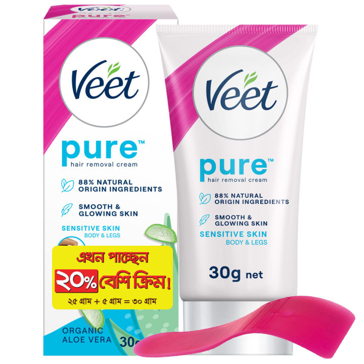 (Get 20% Extra) Veet Pure™ Hair Removal Cream 30g Sensitive Skin for Body & Legs, Freshest Smell with Aloe Vera Extract Leaves Skin Feeling Smooth, Moisturized & Visibly Glowing, Dermatologically Tested