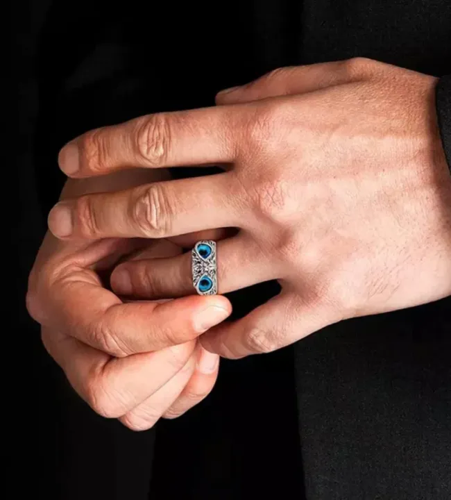 Blue%20Demon%20Eyes%20Owl/Ullu%20Bird%20Face%20Design%20Thumb%20Finger%20Ring%20Stainless%20Steel%20Silver%20Plated%20Ring%20-%20Image%205