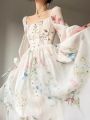 French Elegant Floral Midi Dress Chiffon Long Sleeve Evening Party Dress Woman Beach Fairy One Piece Dress Korean 2023 Summer. 