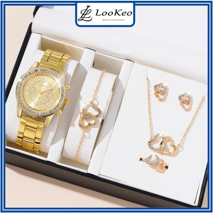 LooKeo Mall Full Steel Belt Ladies Watch 6PCS Set Love Necklace Bracelet Casual Watches for Women Ladies Girl