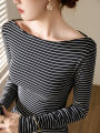 High-Grade Retro off-Neck Stripes T T-shirt Women's Long Sleeve 2024 Autumn and Winter New Slim Cotton Bottoming Shirt Top. 