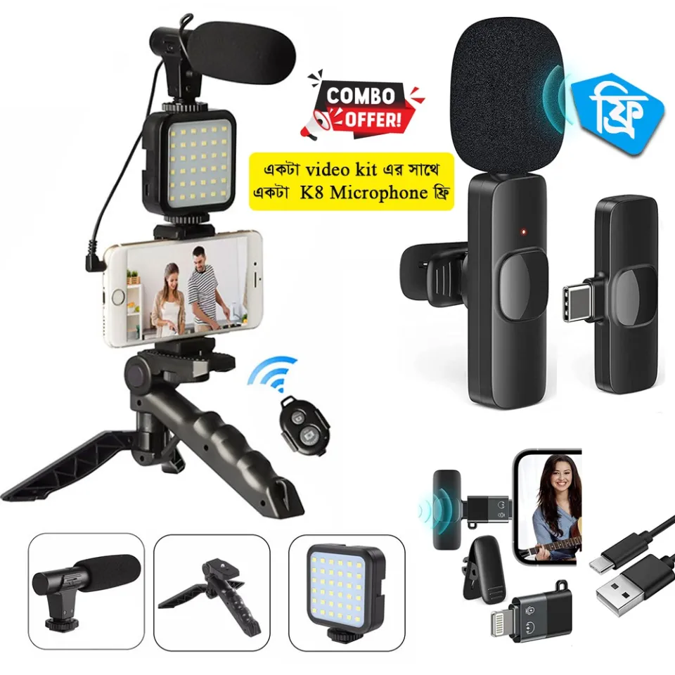 AY-49 Remote Control Vlogging Video Making Kits Microphone LED