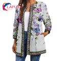 Autumn Coat Butterflies Print Open Stitch Collarless Winter Jacket. 