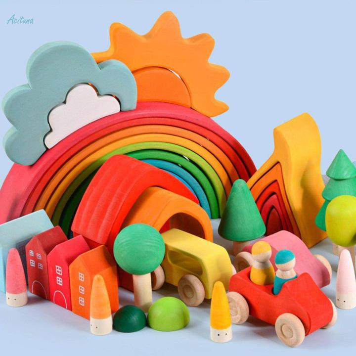 18x Rainbow Peg Dolls for Toddlers Match Counting Color Classification Training Logical Thinking Montessori Toy Wood Stacking Toys for Kids , Pointed Head 7x2.5cm
