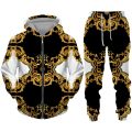 Luxury Golden Pattern Men's 3D Print Zipper Hoodie/Tracksuit Set Baroque Court Crown Vintage Street Wear Men/Women Clothing Suit.