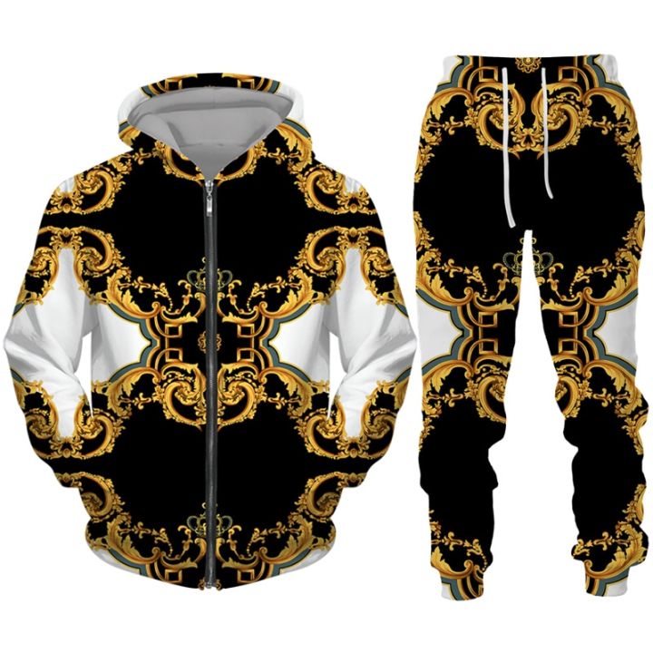 Luxury Golden Pattern Men's 3D Print Zipper Hoodie/Tracksuit Set Baroque Court Crown Vintage Street Wear Men/Women Clothing Suit
