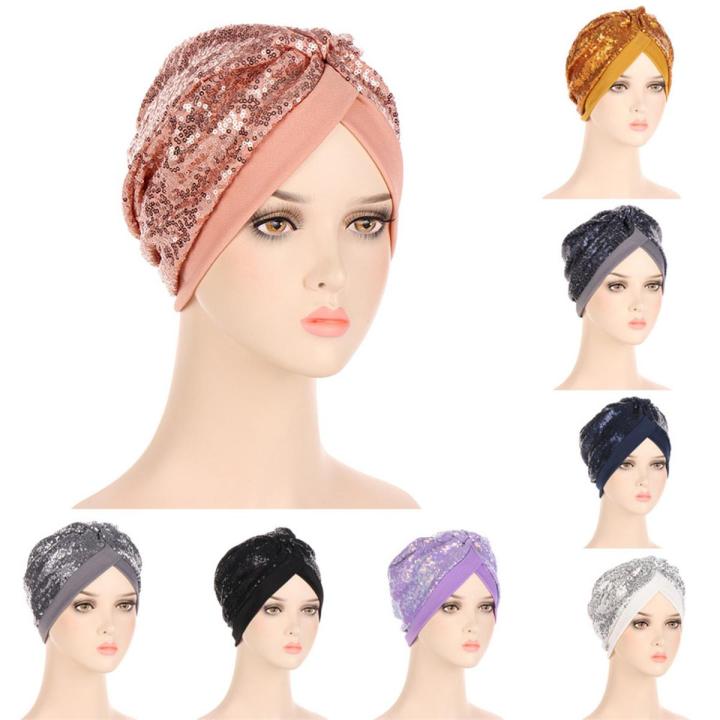 2022 New Women Glitter Sequins Turban Cap Muslim Indian Hat Headwear African Headwraps Ladies Headscarf Bonnet Islamic Hijab Cap