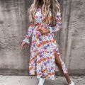 Sexy V Neck Autumn Party Dress Women Elegant Gorgeous Floral Prints A-Line Dress Fashion Long Sleeve Slit Long Dresses Vestidos. 