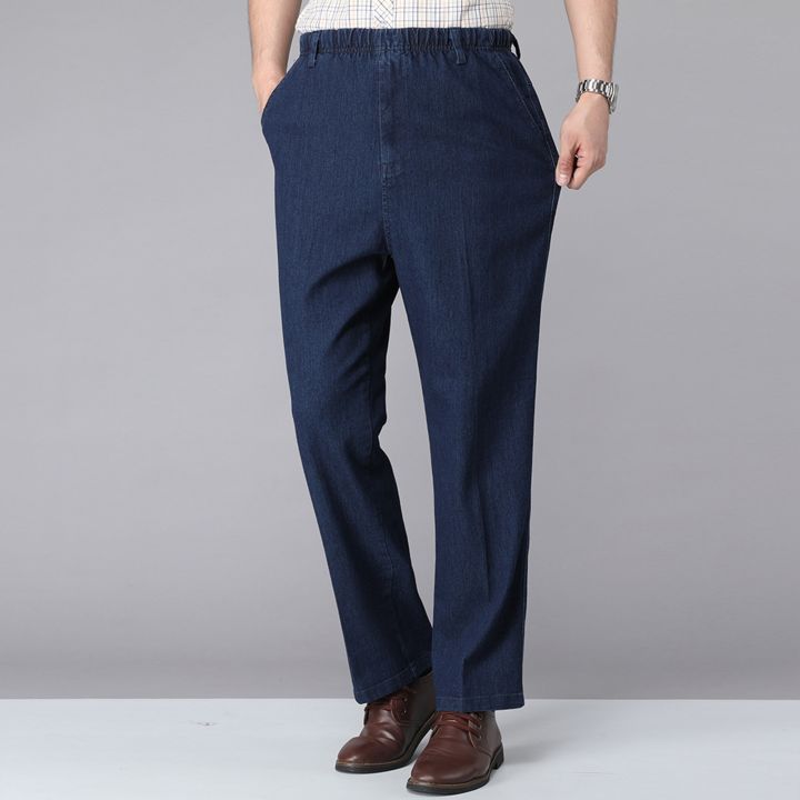 Men's%20Jeans%20Solid%20Elastic%20Belt%20Drawstring%20Straight%20Sleeve%20Denim%20Pants%20Elastic%20Middle%20and%20Old%20Men's%20Jeans%20-%20Image%202