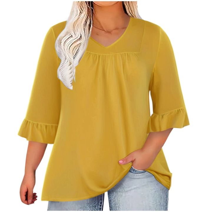 Elegant%20Ease:%20Women%E2%80%99s%20Plus%20Size%20Ruffle%20V-Neck%20Tops%20for%20Summer%20Style%20-%20Image%203