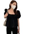 2022 Summer New Korean Style Sweet Gathers Line Square-Cut Collar Puff Sleeve Short Sleeve Shirt for Women. 