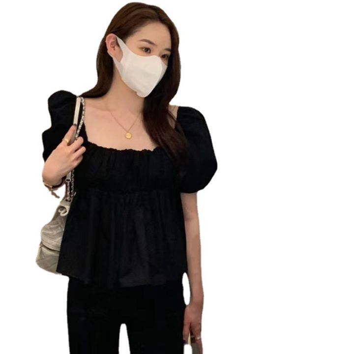 2022%20Summer%20New%20Korean%20Style%20Sweet%20Gathers%20Line%20Square-Cut%20Collar%20Puff%20Sleeve%20Short%20Sleeve%20Shirt%20for%20Women%20-%20Image%205